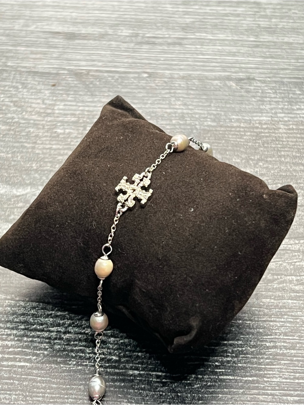 Tory Burch Silver Chain Bracelet with Pearl Stations and Logo Cross